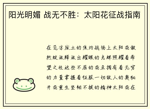 阳光明媚 战无不胜：太阳花征战指南